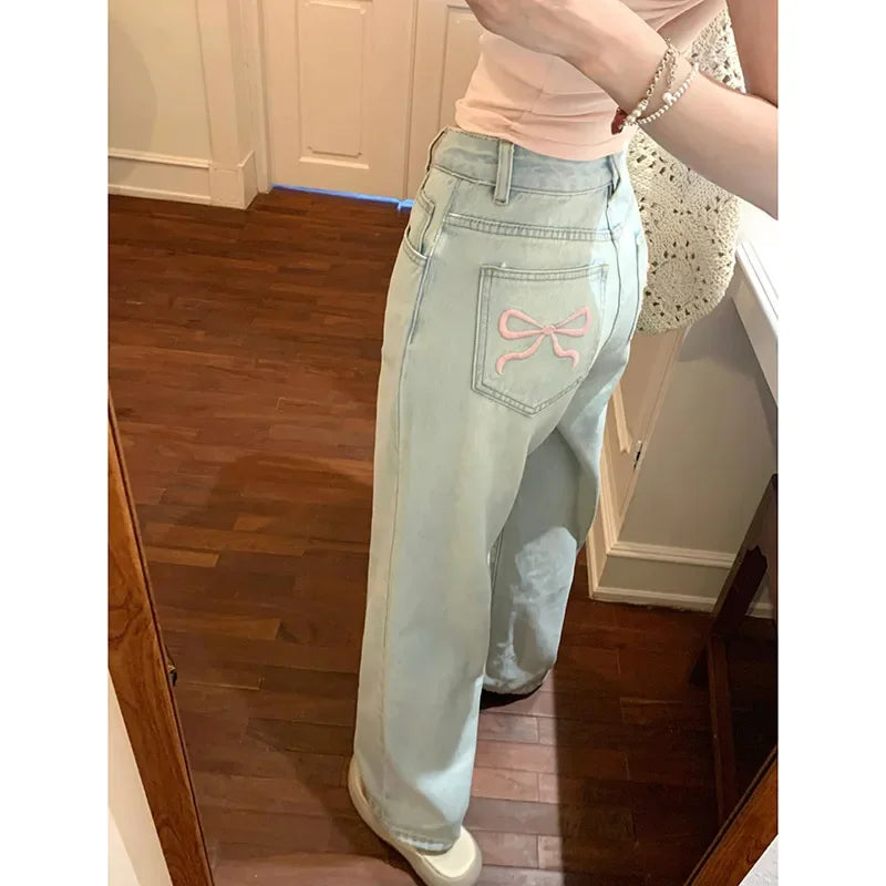 2024 Blue Jeans for Women High Quality High Waist American Wide Leg Pants Bow Embroidery Y2K Vintage Straight Summer Trousers